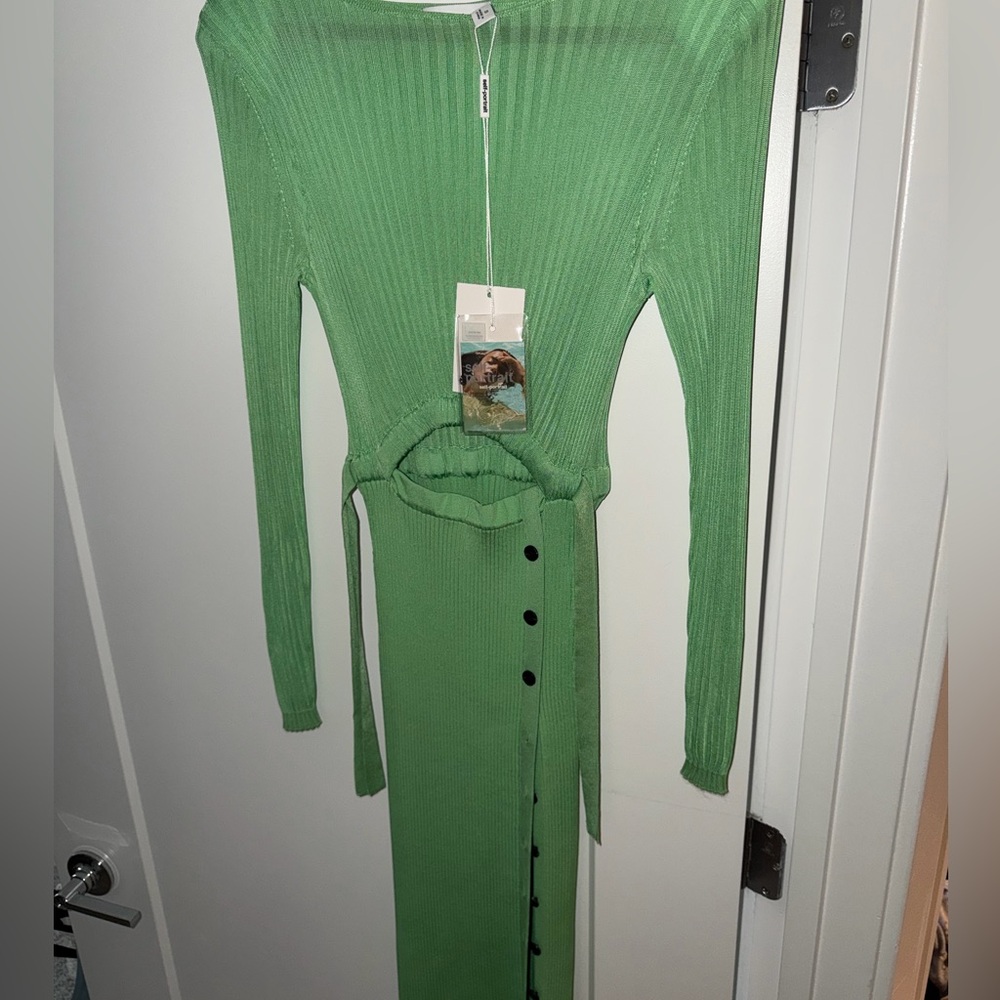 Self-Portrait Spearmint Ribbed Button-Front Long Sleeve Midi Dress NWT